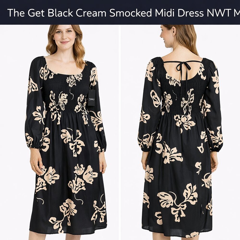 The Get Black and Cream Long Sleeve Sundress with Bishop Sleeves Size Medium NWT
